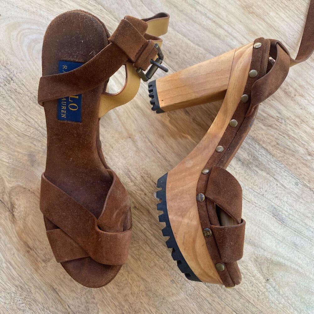 Polo Ralph Lauren Lacie Tan  Leather Platform Sandals Wood Sole - 38.5